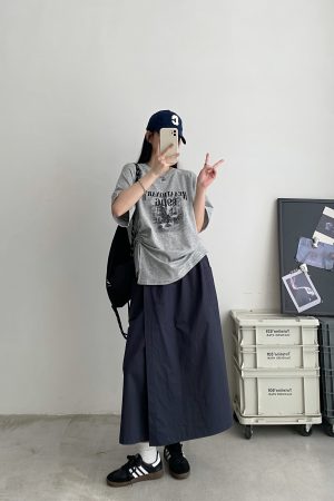 2025 Summer Womenâ€™s Gray Short-Sleeve T-Shirt with Sun Grapefruit Print, Loose Fit Drawstring Style, Trendy Niche Summer Top