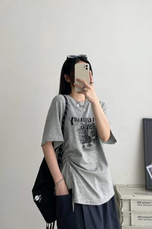 2025 Summer Womenâ€™s Gray Short-Sleeve T-Shirt with Sun Grapefruit Print, Loose Fit Drawstring Style, Trendy Niche Summer Top