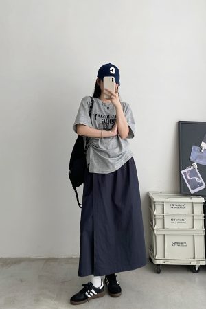 2025 Summer Womenâ€™s Gray Short-Sleeve T-Shirt with Sun Grapefruit Print, Loose Fit Drawstring Style, Trendy Niche Summer Top