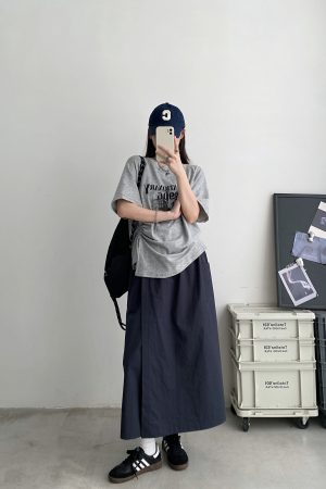 2025 Summer Womenâ€™s Gray Short-Sleeve T-Shirt with Sun Grapefruit Print, Loose Fit Drawstring Style, Trendy Niche Summer Top