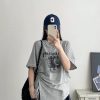 2025 Summer Womenâ€™s Gray Short-Sleeve T-Shirt with Sun Grapefruit Print, Loose Fit Drawstring Style, Trendy Niche Summer Top
