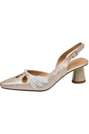 2025 Summer Women's High Heeled Chunky Open Back Sandals - First Layer Cowhide, Pearl Detail, Embroidered National Style