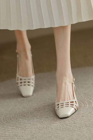 2025 Summer Women's High-Heeled Closed-Toe Square-Toe Woven Sandals - Versatile Genuine Leather Strappy Design