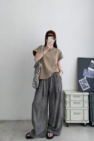 2025 Summer Women's Solid Color Short Sleeve T-Shirt with Small Flying Sleeves - Trendy Loose Slimming American Style