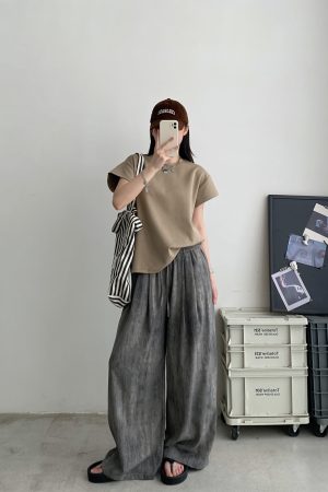 2025 Summer Women's Solid Color Short Sleeve T-Shirt with Small Flying Sleeves - Trendy Loose Slimming American Style