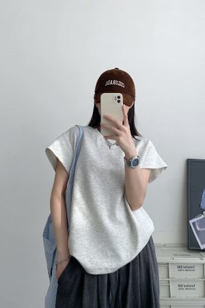 2025 Summer Women's Solid Color Short Sleeve T-Shirt with Small Flying Sleeves - Trendy Loose Slimming American Style