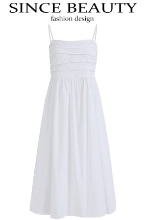 2025 Summer Women's White Spaghetti Strap Evening Gown - French-Style Long Dress for Vacation and Special Occasions
