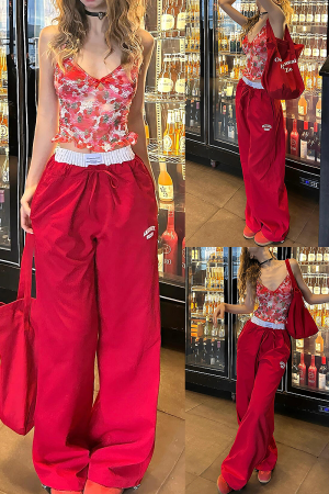 2025 Women's American Style Spliced Faux Two-Piece Wide-Leg Loose Straight Work Pants in Red