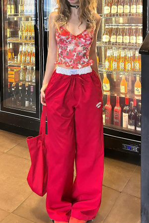 2025 Women's American Style Spliced Faux Two-Piece Wide-Leg Loose Straight Work Pants in Red