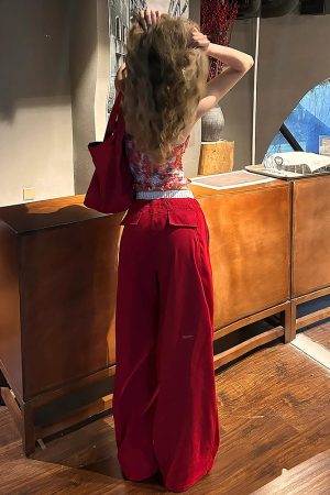 2025 Women's American Style Spliced Faux Two-Piece Wide-Leg Loose Straight Work Pants in Red