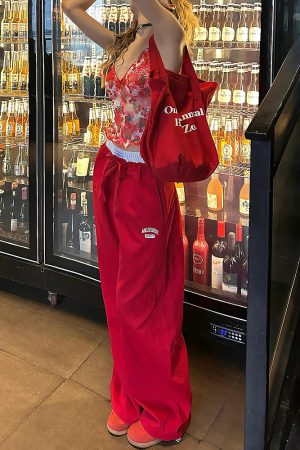 2025 Women's American Style Spliced Faux Two-Piece Wide-Leg Loose Straight Work Pants in Red