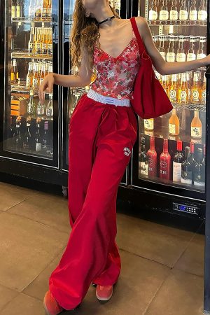 2025 Women's American Style Spliced Faux Two-Piece Wide-Leg Loose Straight Work Pants in Red