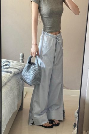 2025 Women's Blue Striped Wide-Leg Pants - American Style Casual Floor-Length Loose Straight-Leg Trousers for Spicy Girl Vibe