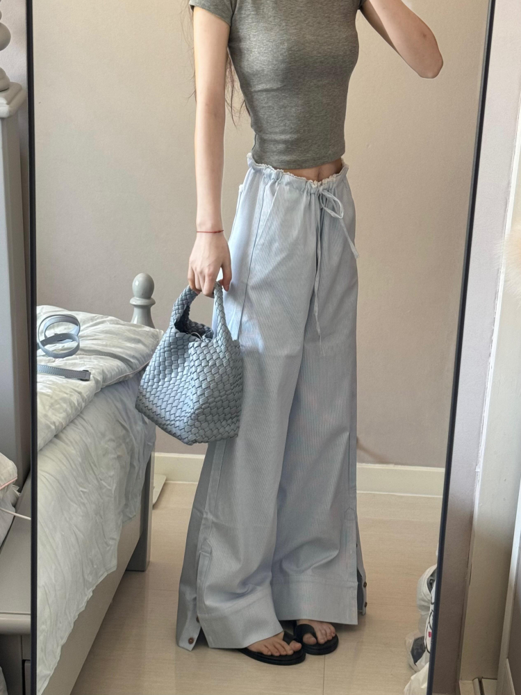 2025 Women's Blue Striped Wide-Leg Pants - American Style Casual Floor-Length Loose Straight-Leg Trousers for Spicy Girl Vibe 2025 Women's Blue Striped Wide-Leg Pants - American Style Casual Floor-Length Loose Straight-Leg Trousers for Spicy Girl Vibe