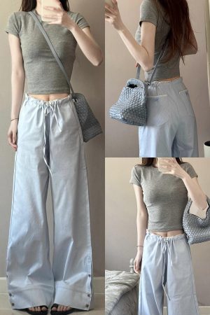 2025 Women's Blue Striped Wide-Leg Pants - American Style Casual Floor-Length Loose Straight-Leg Trousers for Spicy Girl Vibe