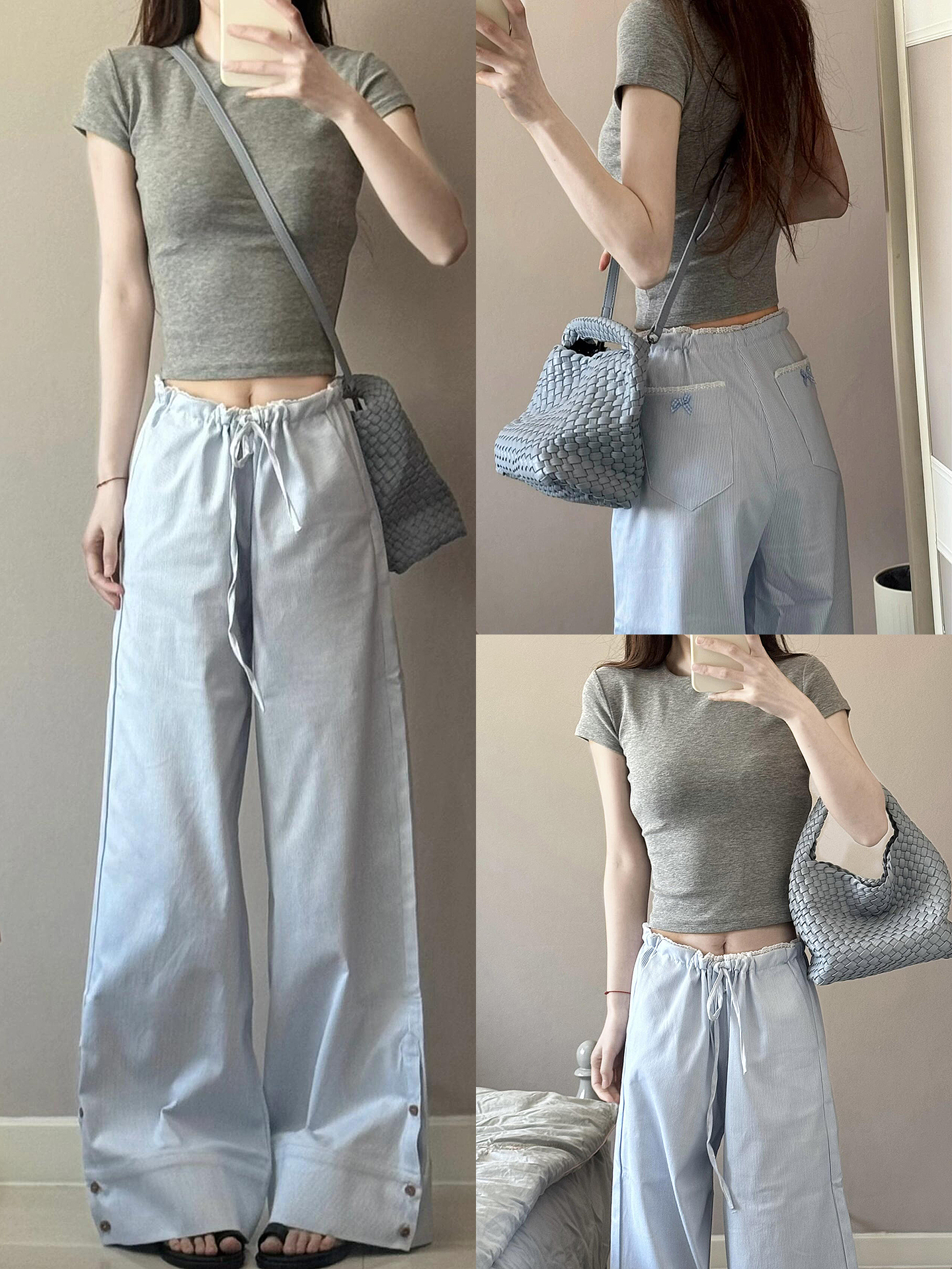 2025 Women's Blue Striped Wide-Leg Pants - American Style Casual Floor-Length Loose Straight-Leg Trousers for Spicy Girl Vibe 2025 Women's Blue Striped Wide-Leg Pants - American Style Casual Floor-Length Loose Straight-Leg Trousers for Spicy Girl Vibe