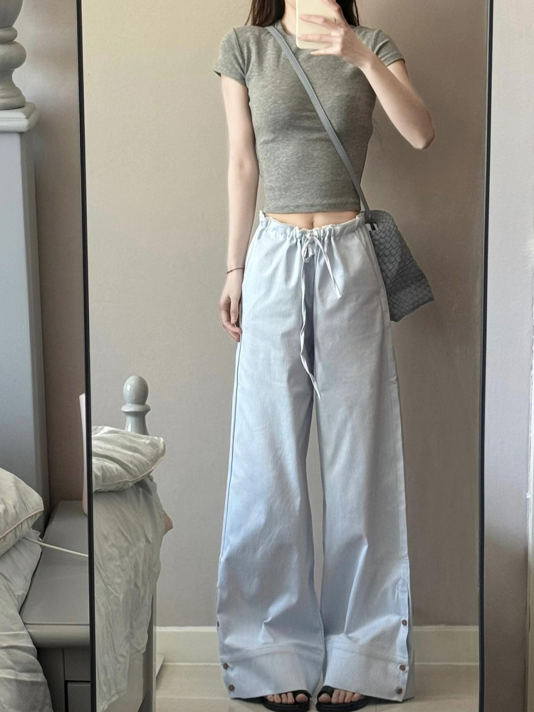 2025 Women's Blue Striped Wide-Leg Pants - American Style Casual Floor-Length Loose Straight-Leg Trousers for Spicy Girl Vibe 2025 Women's Blue Striped Wide-Leg Pants - American Style Casual Floor-Length Loose Straight-Leg Trousers for Spicy Girl Vibe