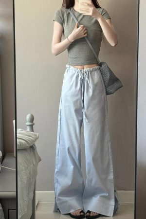 2025 Women's Blue Striped Wide-Leg Pants - American Style Casual Floor-Length Loose Straight-Leg Trousers for Spicy Girl Vibe