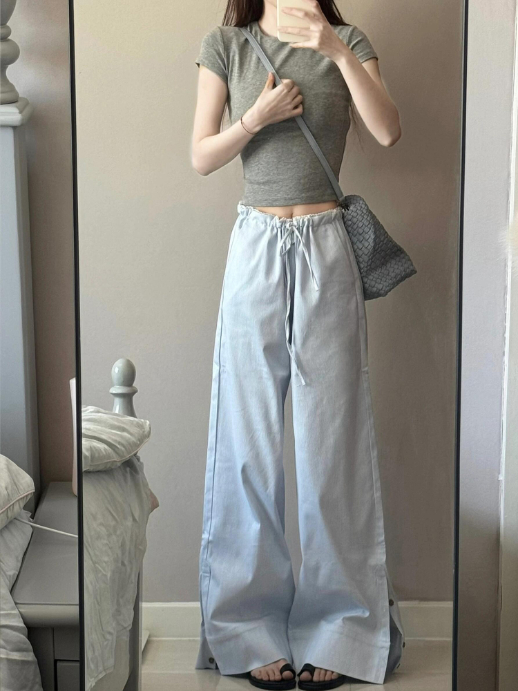 2025 Women's Blue Striped Wide-Leg Pants - American Style Casual Floor-Length Loose Straight-Leg Trousers for Spicy Girl Vibe 2025 Women's Blue Striped Wide-Leg Pants - American Style Casual Floor-Length Loose Straight-Leg Trousers for Spicy Girl Vibe