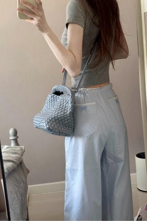 2025 Women's Blue Striped Wide-Leg Pants - American Style Casual Floor-Length Loose Straight-Leg Trousers for Spicy Girl Vibe