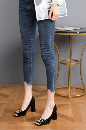 2025 Women's Color-Block High Heels with Metal Buckle, Trendy Chunky Square Toe Shoes, Versatile Shallow Mouth Design