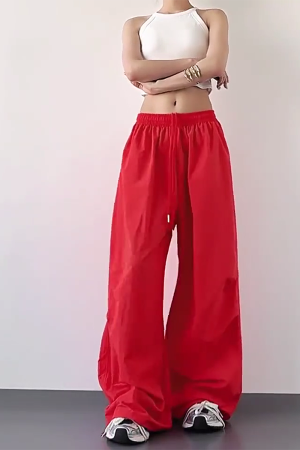 2025 Women's Red Cargo Pants - American Style Loose Parachute Pants, Slimming Drape, Hip-Hop Casual Sportswear