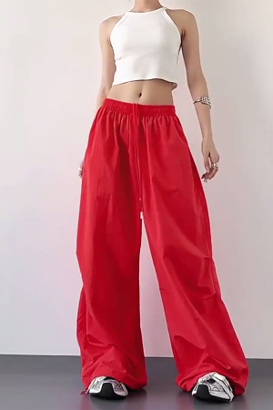 2025 Women's Red Cargo Pants - American Style Loose Parachute Pants, Slimming Drape, Hip-Hop Casual Sportswear