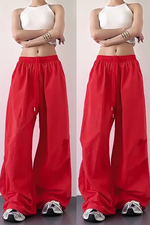 2025 Women's Red Cargo Pants - American Style Loose Parachute Pants, Slimming Drape, Hip-Hop Casual Sportswear