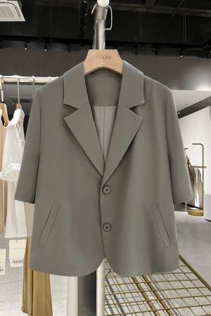 2025 Women's Vintage Short Blazer - Summer Thin Gray Textured Suit Jacket, Stylish High-Quality Fashion