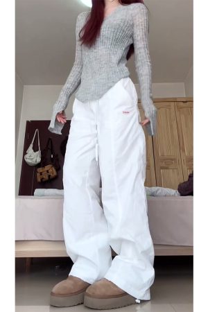 2025 Women's White Wide-Leg Work Pants, Loose Draped American Style, Casual Korean Fashion