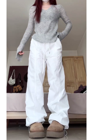 2025 Women's White Wide-Leg Work Pants, Loose Draped American Style, Casual Korean Fashion