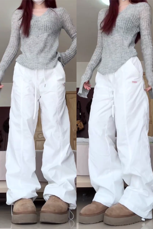 2025 Women's White Wide-Leg Work Pants, Loose Draped American Style, Casual Korean Fashion