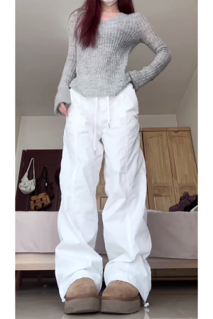 2025 Women's White Wide-Leg Work Pants, Loose Draped American Style, Casual Korean Fashion
