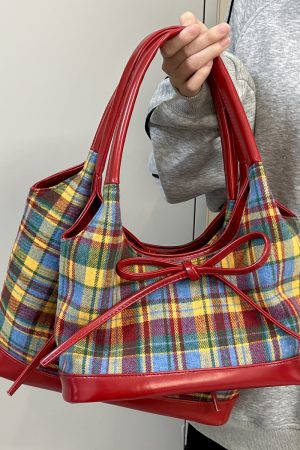 2025 Women's Woolen Plaid Shoulder Bag - Trendy Red Retro Bow Tote for Niche Fashion Lovers