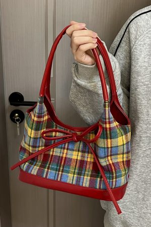 2025 Women's Woolen Plaid Shoulder Bag - Trendy Red Retro Bow Tote for Niche Fashion Lovers