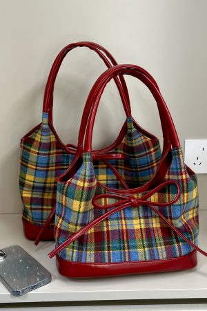 2025 Women's Woolen Plaid Shoulder Bag - Trendy Red Retro Bow Tote for Niche Fashion Lovers