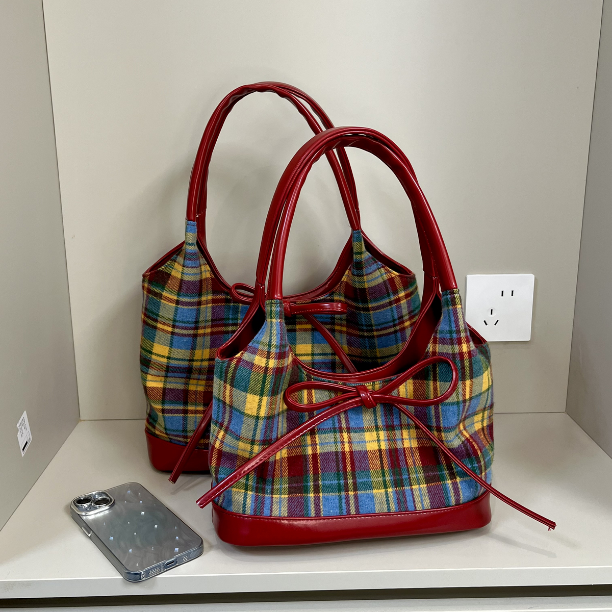 2025 Women's Woolen Plaid Shoulder Bag - Trendy Red Retro Bow Tote for Niche Fashion Lovers 2025 Women's Woolen Plaid Shoulder Bag - Trendy Red Retro Bow Tote for Niche Fashion Lovers
