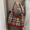 2025 Women's Woolen Plaid Shoulder Bag - Trendy Red Retro Bow Tote for Niche Fashion Lovers