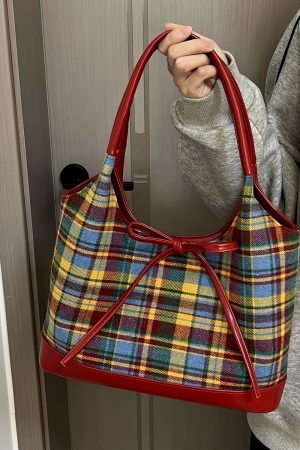 2025 Women's Woolen Plaid Shoulder Bag - Trendy Red Retro Bow Tote for Niche Fashion Lovers