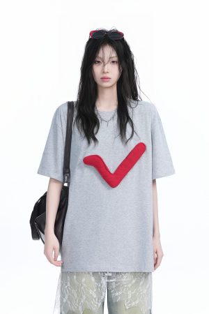 3D Checkmark Gray Short-Sleeve T-Shirt for Women - American Retro Hip-Hop Style, Loose Fit, Y2K Trendy Design