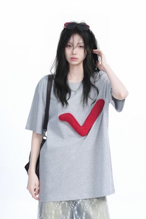 3D Checkmark Gray Short-Sleeve T-Shirt for Women - American Retro Hip-Hop Style, Loose Fit, Y2K Trendy Design