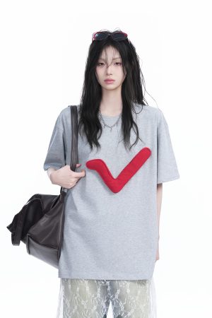 3D Checkmark Gray Short-Sleeve T-Shirt for Women - American Retro Hip-Hop Style, Loose Fit, Y2K Trendy Design