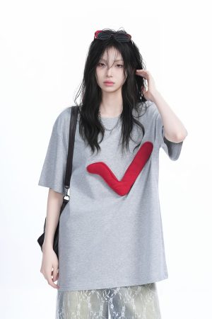 3D Checkmark Gray Short-Sleeve T-Shirt for Women - American Retro Hip-Hop Style, Loose Fit, Y2K Trendy Design