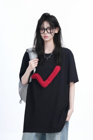 3D Checkmark Gray Short-Sleeve T-Shirt for Women - American Retro Hip-Hop Style, Loose Fit, Y2K Trendy Design