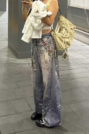 3D Deep Reshape Grunge Aged Layered Chain Print Loose Baggy Straight Pants for Y2K Style Fashion