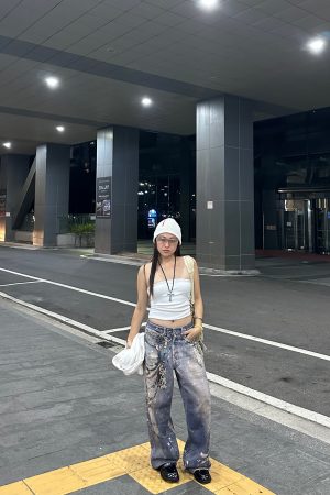 3D Deep Reshape Grunge Aged Layered Chain Print Loose Baggy Straight Pants for Y2K Style Fashion