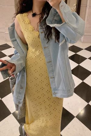 3D Floral Hollow Out Two-Piece Sling Dress for Women - Unique Waist-Cinching Design for Spring Summer 2025 - Y2K Style