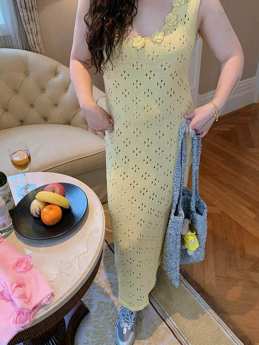 3D Floral Hollow Out Two-Piece Sling Dress for Women - Unique Waist-Cinching Design for Spring Summer 2025 - Y2K Style 3D Floral Hollow Out Two-Piece Sling Dress for Women - Unique Waist-Cinching Design for Spring Summer 2025 - Y2K Style