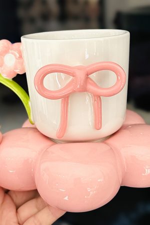 3D Flower Bow Tie Ceramic Coffee Cup and Saucer Set for Girls - Aesthetic Afternoon Tea Mug for Milk and Fufu