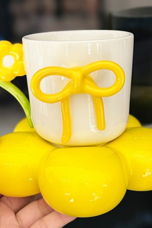 3D Flower Bow Tie Ceramic Coffee Cup and Saucer Set for Girls - Aesthetic Afternoon Tea Mug for Milk and Fufu